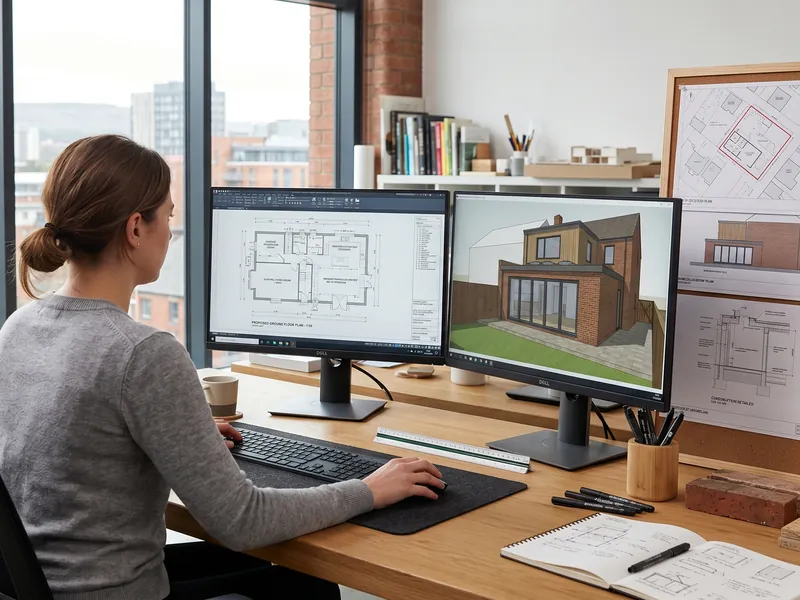 Architect designing CAD floor plans in professional studio
