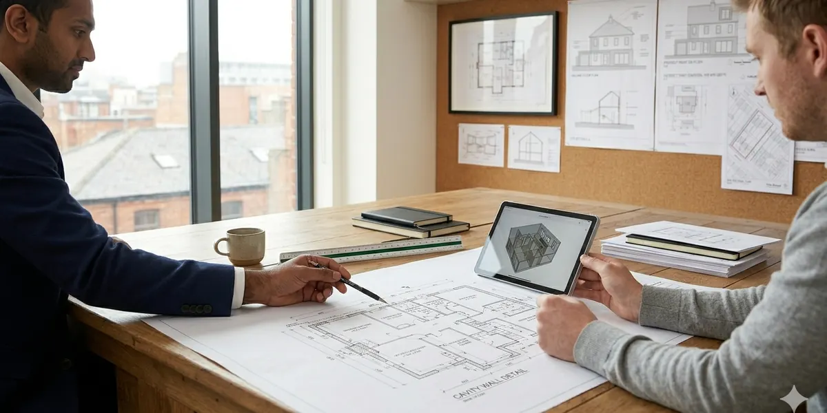 QM Designs team reviewing architectural floor plans